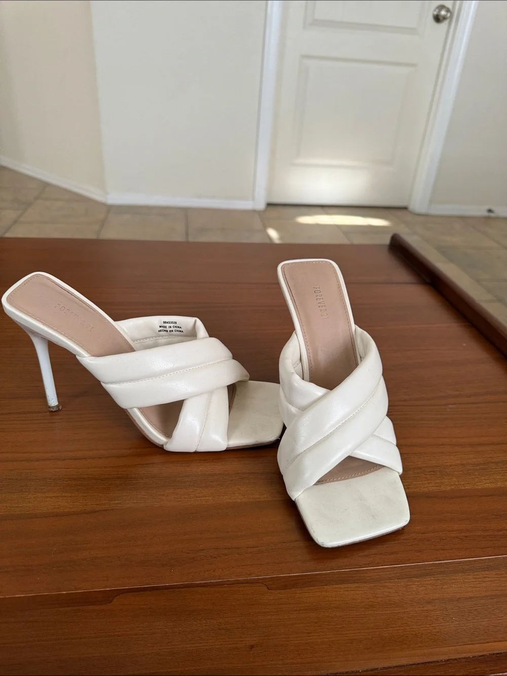 White Leather Crisscross High Heel Mules